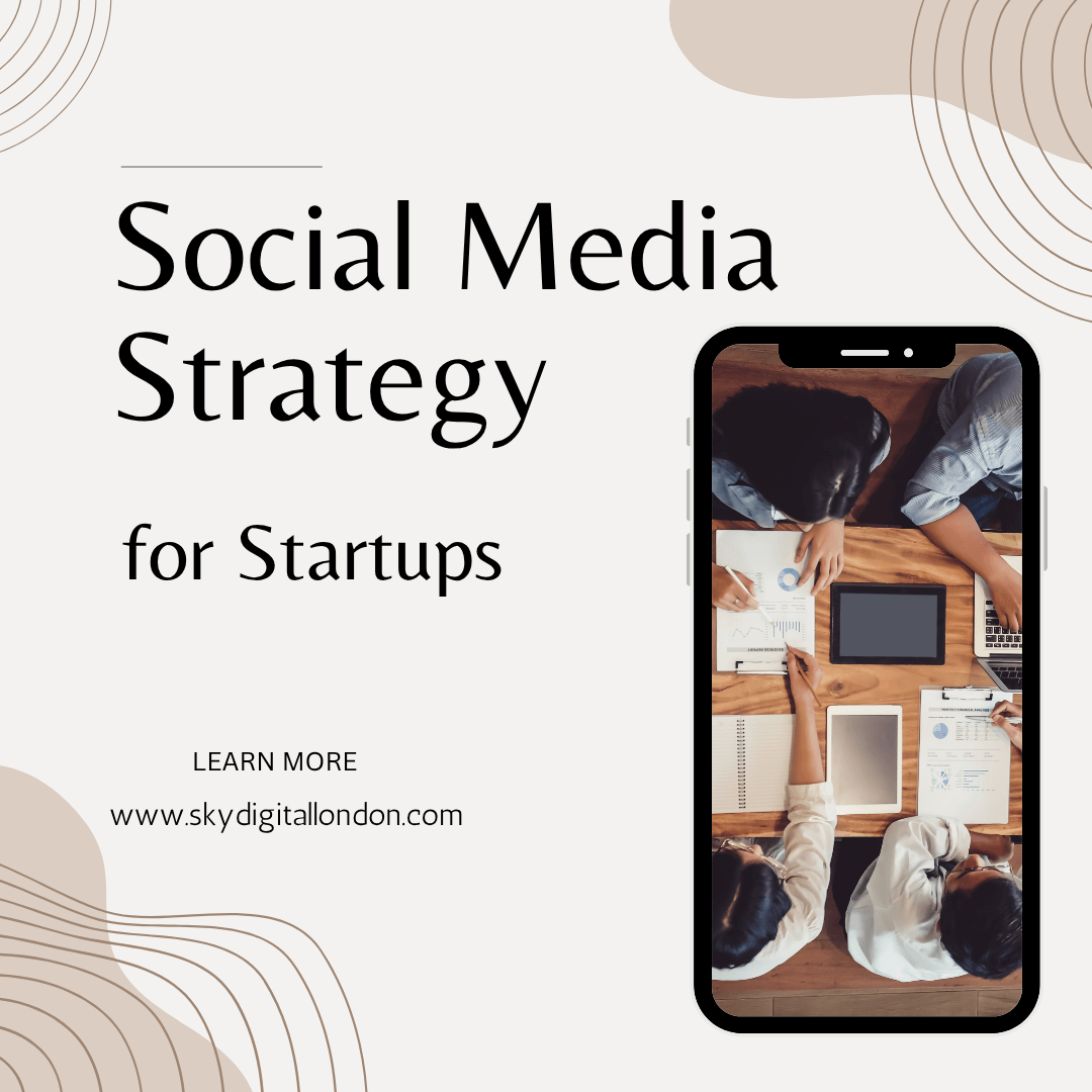 A Sky Digital London startup team planning their social media strategy with charts, laptops, and content ideas for Instagram, LinkedIn, and Facebook.